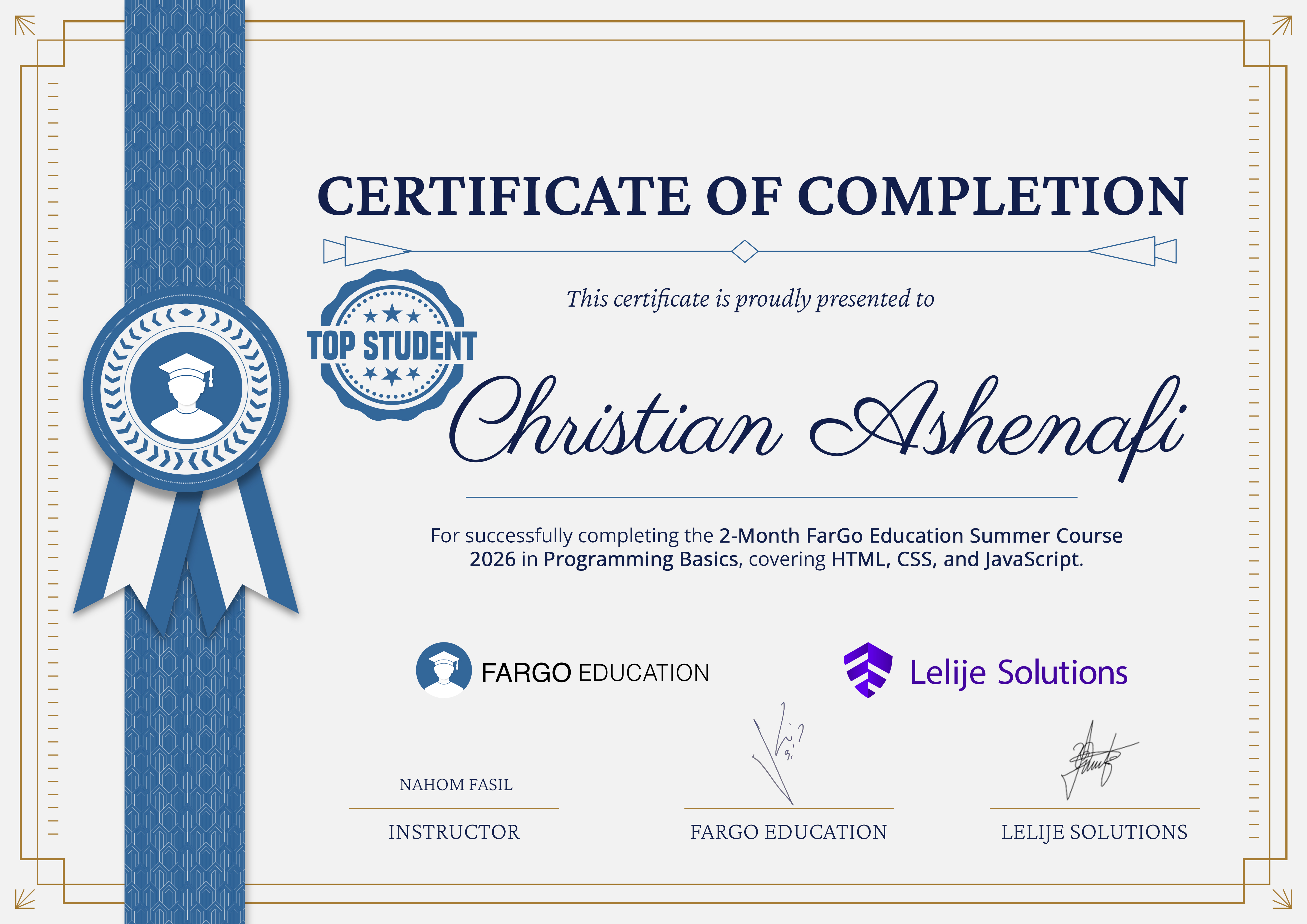 Certificate of completion awarded to Christian Ashenafi